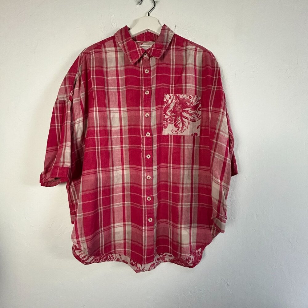 Pilcro Anthropologie Red/Pink Plaid Button-Down Oversized Shirt XS Floral Pocket